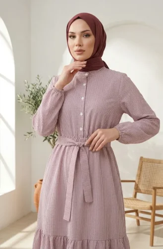 Robe Hijab En Lin Rayé Avec Taille Froncée 0324-06 Bordeaux 0324-06