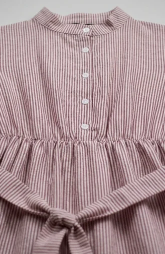 Robe Hijab En Lin Rayé Avec Taille Froncée 0324-06 Bordeaux 0324-06