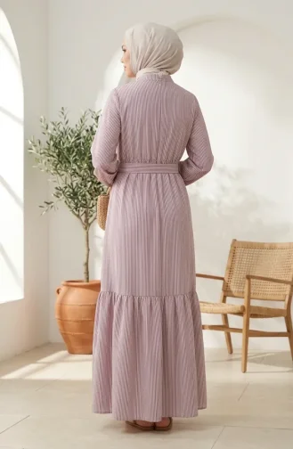 Robe Hijab En Lin Rayé Avec Taille Froncée 0324-06 Bordeaux 0324-06