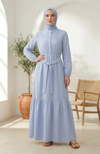 Robe Hijab En Lin Rayé Avec Taille Froncée 0324-07 Bleu 0324-07