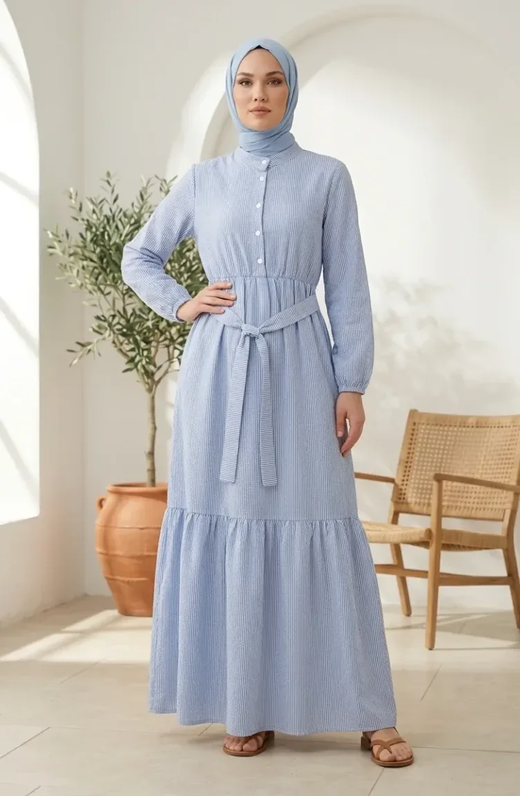 Robe Hijab En Lin Rayé Avec Taille Froncée 0324-07 Bleu 0324-07