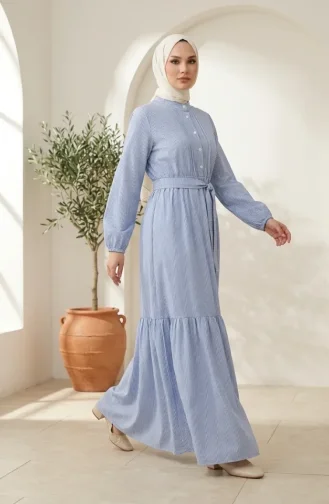 Robe Hijab En Lin Rayé Avec Taille Froncée 0324-07 Bleu 0324-07