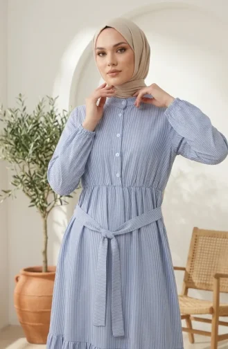 Robe Hijab En Lin Rayé Avec Taille Froncée 0324-07 Bleu 0324-07