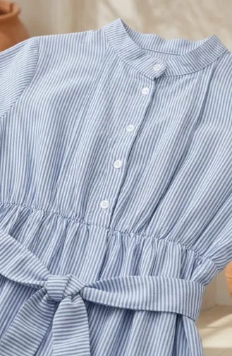 Robe Hijab En Lin Rayé Avec Taille Froncée 0324-07 Bleu 0324-07