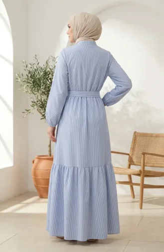 Robe Hijab En Lin Rayé Avec Taille Froncée 0324-07 Bleu 0324-07