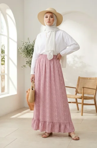 Jupe à Motif Floral Avec Taille élastique 0308-03 Rose 0308-03