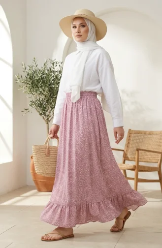 Jupe à Motif Floral Avec Taille élastique 0308-03 Rose 0308-03