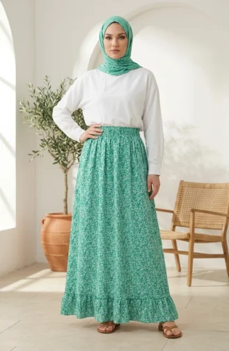 Jupe à Motif Floral Avec Taille élastiquée 0308-03 Verte 0308-04