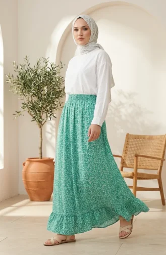 Jupe à Motif Floral Avec Taille élastiquée 0308-03 Verte 0308-04