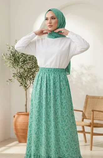 Jupe à Motif Floral Avec Taille élastiquée 0308-03 Verte 0308-04