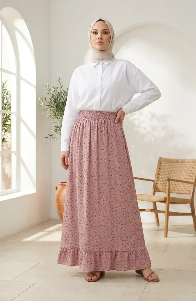 Jupe à Taille élastique Et Motif Floral 0311-04 Rose Poudré 0311-04
