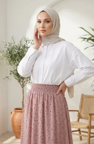 Jupe à Taille élastique Et Motif Floral 0311-04 Rose Poudré 0311-04