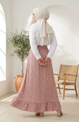Jupe à Taille élastique Et Motif Floral 0311-04 Rose Poudré 0311-04