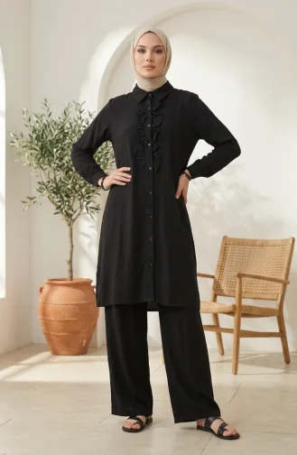 Gömlek Yaka Fırfırlı Tunik Pantolon ikili Tesettür Takım 2278-03 Siyah