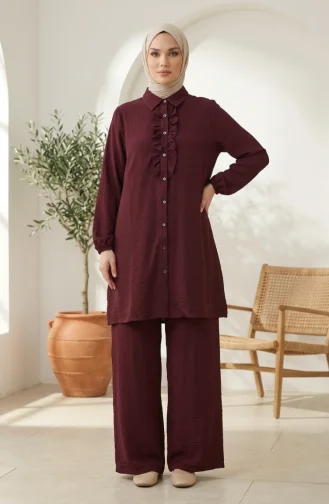 Gömlek Yaka Fırfırlı Tunik Pantolon ikili Tesettür Takım 2278-04 Mürdüm