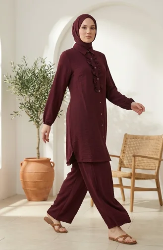 Gömlek Yaka Fırfırlı Tunik Pantolon ikili Tesettür Takım 2278-04 Mürdüm