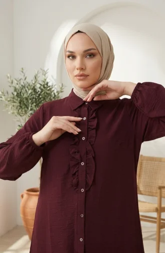 Gömlek Yaka Fırfırlı Tunik Pantolon ikili Tesettür Takım 2278-04 Mürdüm