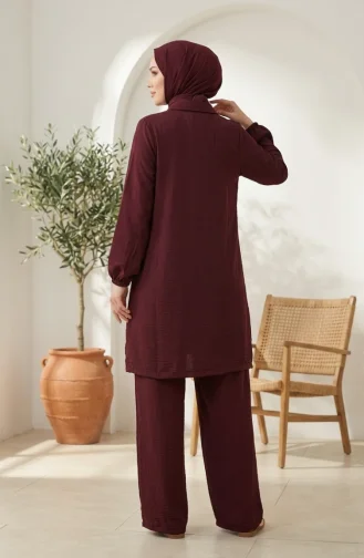 Gömlek Yaka Fırfırlı Tunik Pantolon ikili Tesettür Takım 2278-04 Mürdüm