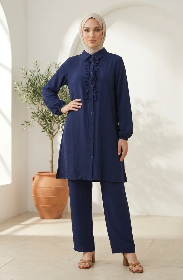 Zweiteiliges Hijab-Set Mit Hemdkragen Rüschentunika Und Hose Modell 2278-05 Marineblau 2278-05