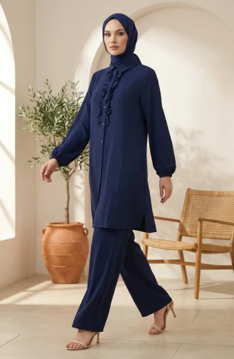Zweiteiliges Hijab-Set Mit Hemdkragen Rüschentunika Und Hose Modell 2278-05 Marineblau 2278-05
