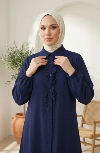 Zweiteiliges Hijab-Set Mit Hemdkragen Rüschentunika Und Hose Modell 2278-05 Marineblau 2278-05