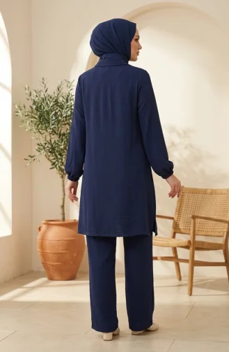 Zweiteiliges Hijab-Set Mit Hemdkragen Rüschentunika Und Hose Modell 2278-05 Marineblau 2278-05