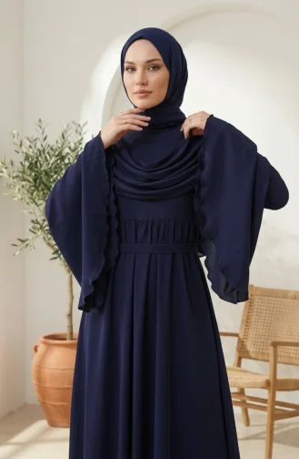 Fırfır Detaylı Saten Tesettür Abiye Elbise 5732-01 Lacivert