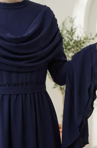 Fırfır Detaylı Saten Tesettür Abiye Elbise 5732-01 Lacivert