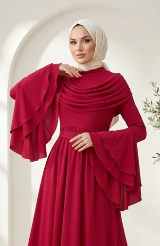 Fırfır Detaylı Saten Tesettür Abiye Elbise 5732-03 Fuşya