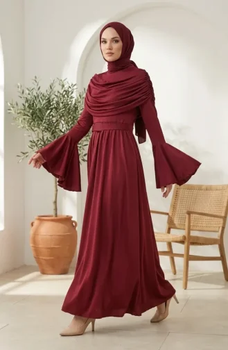 Fırfır Detaylı Saten Tesettür Abiye Elbise 5732-05 Bordo