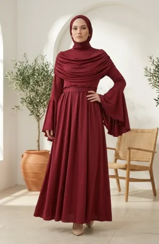 Fırfır Detaylı Saten Tesettür Abiye Elbise 5732-05 Bordo