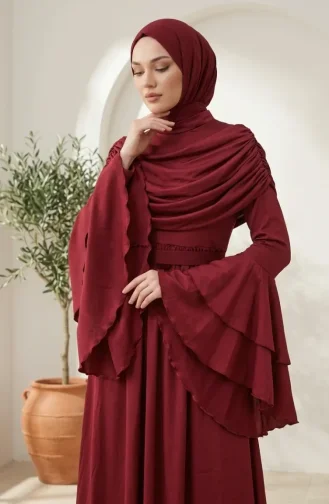 Fırfır Detaylı Saten Tesettür Abiye Elbise 5732-05 Bordo