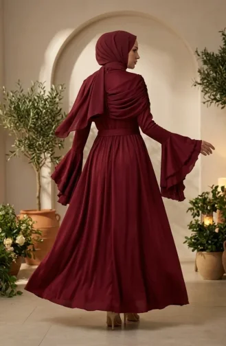 Fırfır Detaylı Saten Tesettür Abiye Elbise 5732-05 Bordo