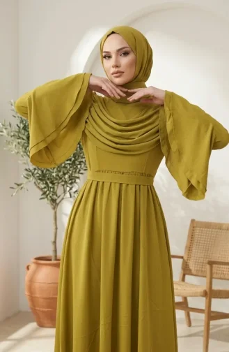 Fırfır Detaylı Saten Tesettür Abiye Elbise 5732-06 Yağ Yeşili