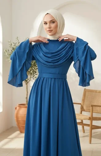 Fırfır Detaylı Saten Tesettür Abiye Elbise 5732-07 İndigo