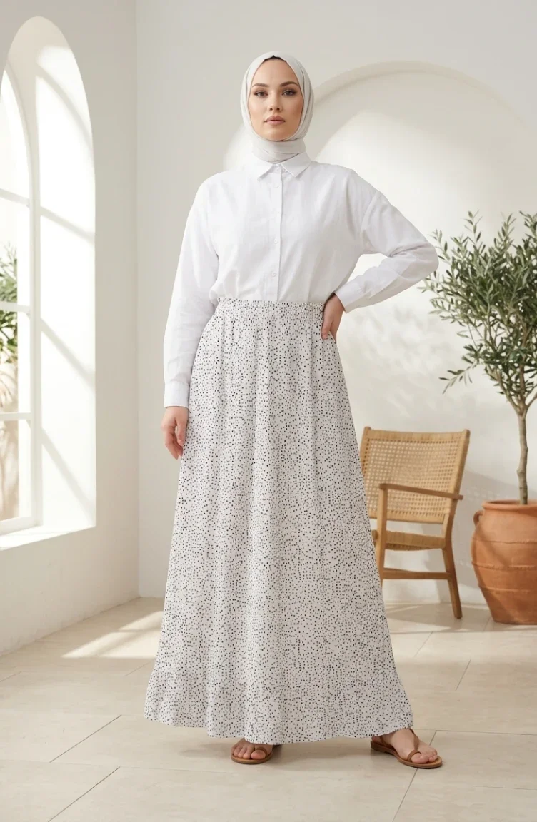 Jupe à Pois à Taille élastique 0309-02 Blanche 0309-02