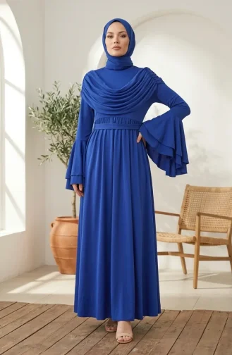 Fırfır Detaylı Saten Tesettür Abiye Elbise 5732-02 Saks