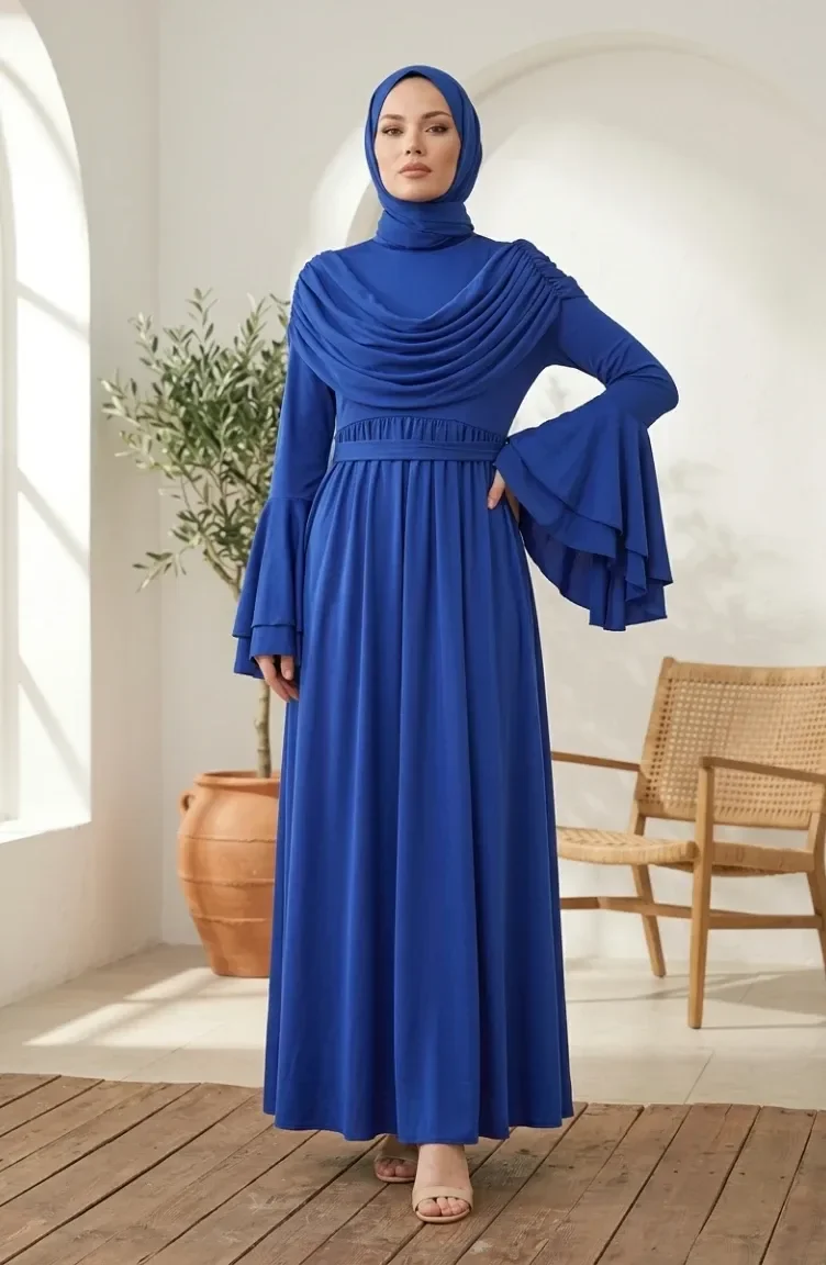 Fırfır Detaylı Saten Tesettür Abiye Elbise 5732-02 Saks