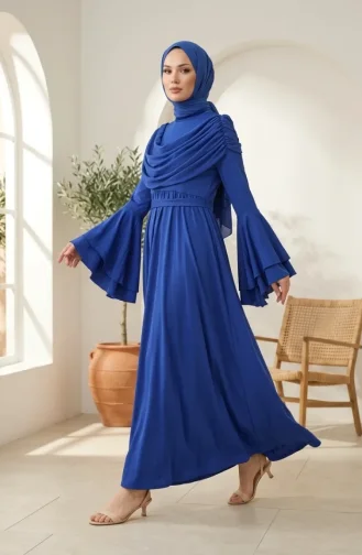 Fırfır Detaylı Saten Tesettür Abiye Elbise 5732-02 Saks