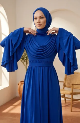 Fırfır Detaylı Saten Tesettür Abiye Elbise 5732-02 Saks