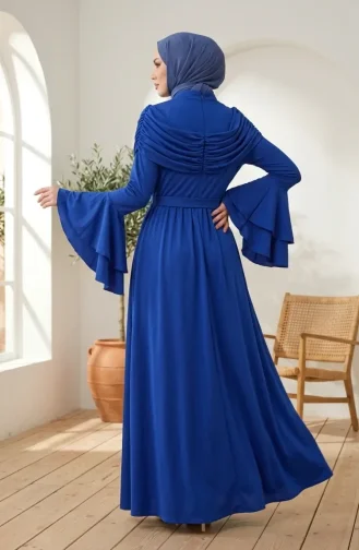 Fırfır Detaylı Saten Tesettür Abiye Elbise 5732-02 Saks