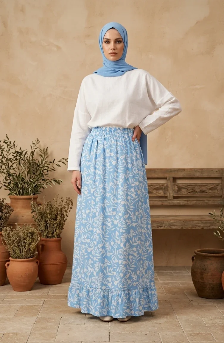 Jupe à Motif Feuilles Avec Taille élastique 0307-02 Bleu 0307-02