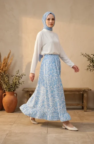 Jupe à Motif Feuilles Avec Taille élastique 0307-02 Bleu 0307-02