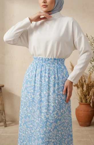 Jupe à Motif Feuilles Avec Taille élastique 0307-02 Bleu 0307-02