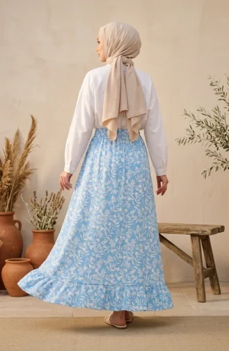 Jupe à Motif Feuilles Avec Taille élastique 0307-02 Bleu 0307-02