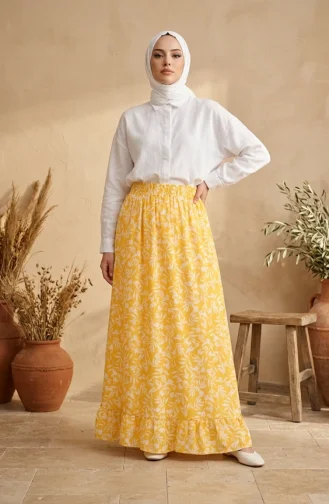 Jupe à Motif Feuilles Avec Taille élastique 0307-03 Jaune 0307-03