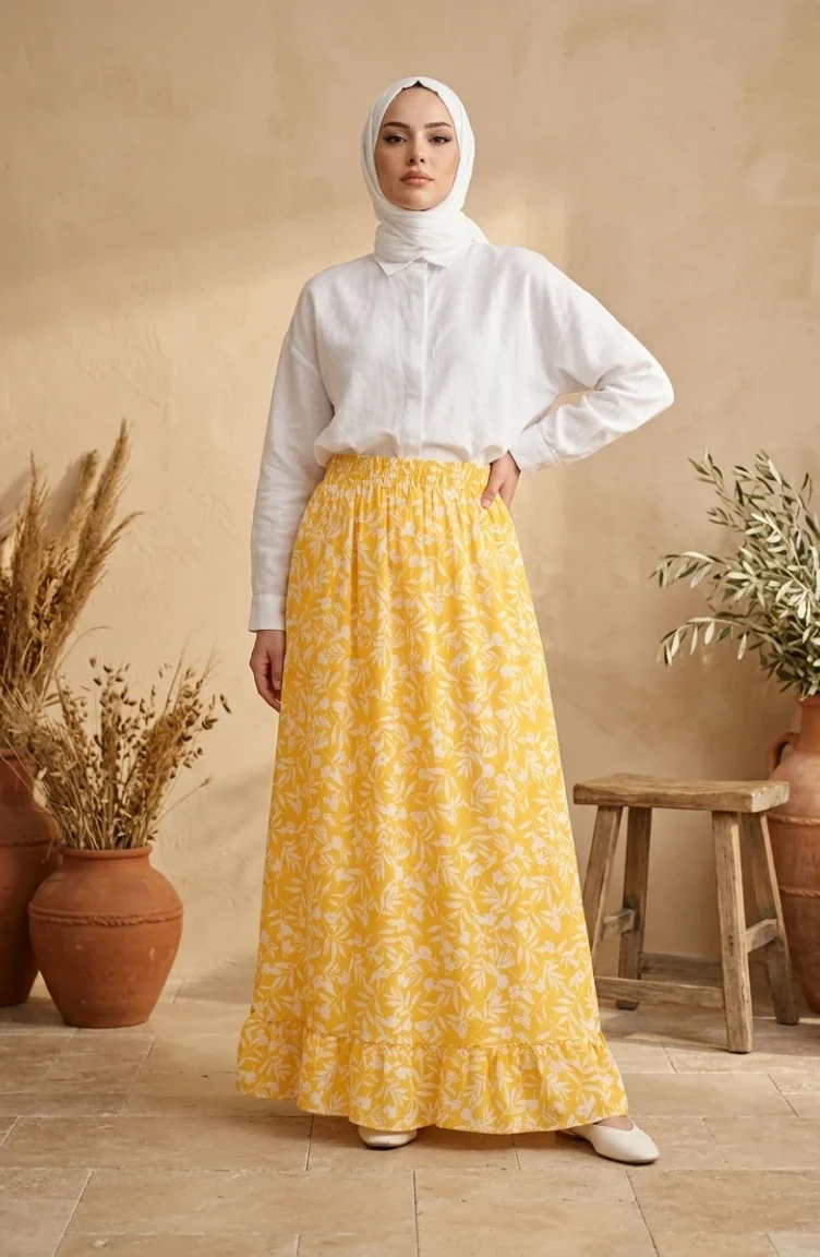 Jupe à Motif Feuilles Avec Taille élastique 0307-03 Jaune 0307-03