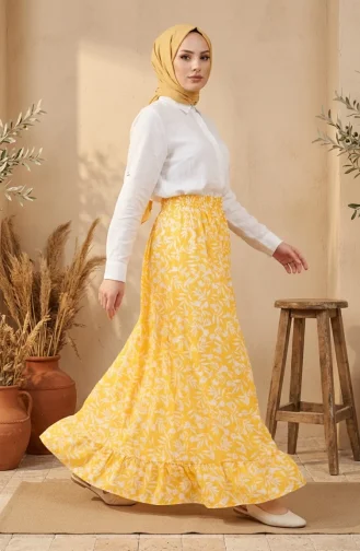 Jupe à Motif Feuilles Avec Taille élastique 0307-03 Jaune 0307-03
