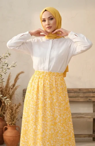 Jupe à Motif Feuilles Avec Taille élastique 0307-03 Jaune 0307-03