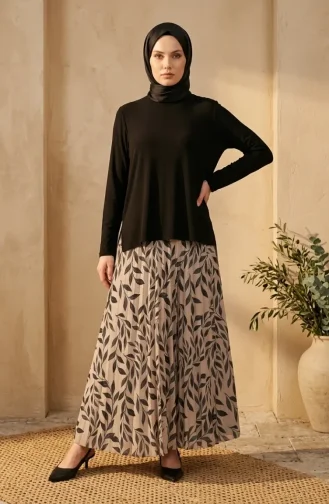 Zweiteiliges Hijab-Set Aus Sandfarbenem Stoff Mit Bluse Und Rock Artikelnummer 5582-03 Schwarz/Beige 5582-03